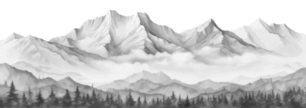Handgetrokken Bergketen Natuurlandschap Grauwe Abstracte Panorama Met Rotsachtige Bergen Skyline — Stockvector