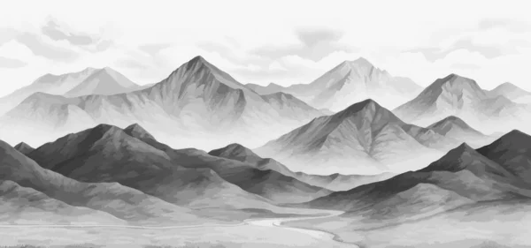 手绘山脉自然景观 灰度抽象的全景 岩石群山的天际线 矢量说明 — 图库矢量图片