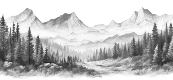 手描きの山の範囲の自然景観 岩の多い山のスカイラインとグレースケール抽象的なパノラマ ベクターイラスト — ストックベクタ