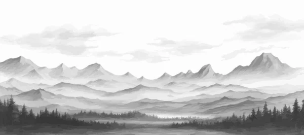 手描きの山の範囲の自然景観 岩の多い山のスカイラインとグレースケール抽象的なパノラマ ベクターイラスト — ストックベクタ