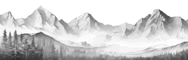 Handgetrokken Bergketen Natuurlandschap Grauwe Abstracte Panorama Met Rotsachtige Bergen Skyline — Stockvector