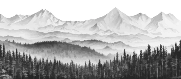 Hand Drawn Mountain Range Nature Landscape Greyscale Abstract Panorama Rocky — Stock Vector