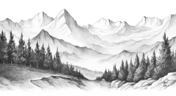 Χειροποίητο Ορεινό Τοπίο Greyscale Αφηρημένο Πανόραμα Βραχώδη Βουνά Ορίζοντα Εικονογράφηση — Διανυσματικό Αρχείο