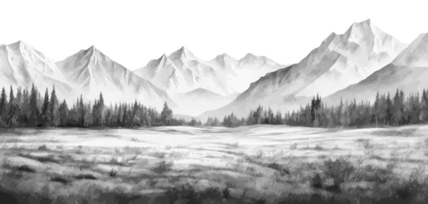 Handgezeichnete Gebirgslandschaft Abstraktes Graustufenpanorama Mit Skyline Der Felsigen Berge Vektorillustration — Stockvektor