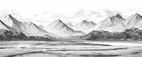 Handgezeichnete Gebirgslandschaft Abstraktes Graustufenpanorama Mit Skyline Der Felsigen Berge Vektorillustration — Stockvektor