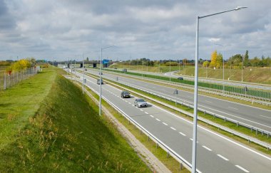 Poznan, Poland - October 2th 2022 - Polish A2 motorway with cars and trucks.
