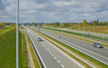 Poznan, Poland - October 2th 2022 - Polish A2 motorway with cars and trucks.