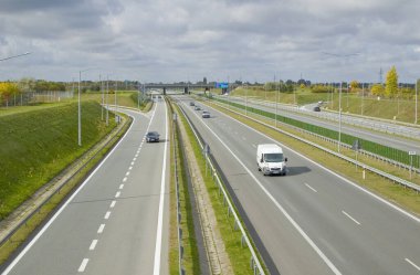 Poznan, Poland - October 2th 2022 - Polish A2 motorway with cars and trucks.