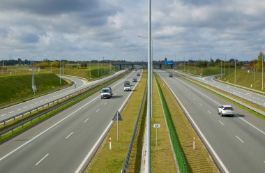 Poznan, Poland - October 2th 2022 - Polish A2 motorway with cars and trucks.