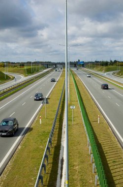 Poznan, Poland - October 2th 2022 - Polish A2 motorway with cars and trucks.