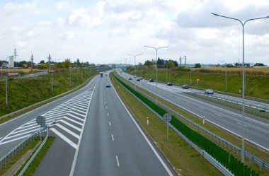 Poznan, Poland - October 2th 2022 - Polish A2 motorway with cars and trucks.