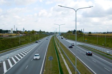 Poznan, Poland - October 2th 2022 - Polish A2 motorway with cars and trucks.