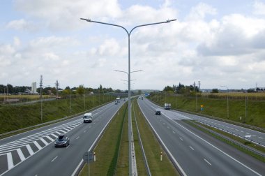 Poznan, Poland - October 2th 2022 - Polish A2 motorway with cars and trucks.