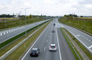 Poznan, Poland - October 2th 2022 - Polish A2 motorway with cars and trucks.