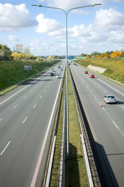 Poznan, Poland - October 9th 2022 - Polish A2 motorway with cars and trucks.
