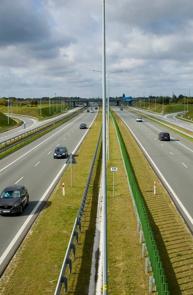 Poznan, Poland - October 2th 2022 - Polish A2 motorway with cars and trucks.