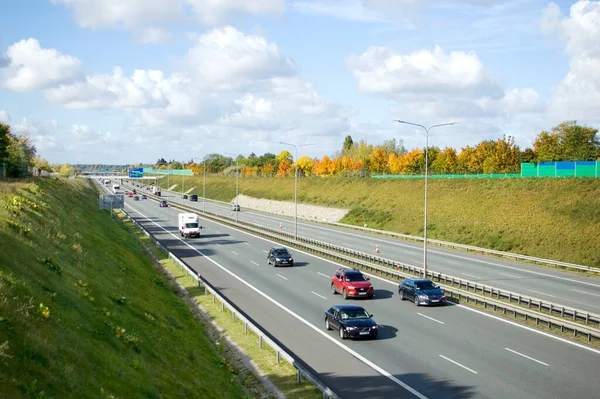 Poznan, Poland - October 9th 2022 - Polish A2 motorway with cars and trucks.