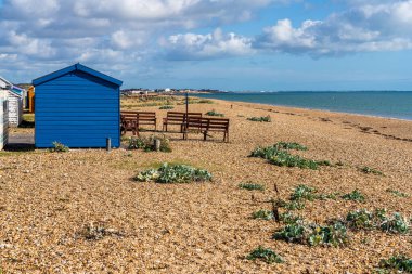 Güney Hayling, Hampshire, İngiltere - 02 Ekim 2022: Batı Sahili Kulübeleri