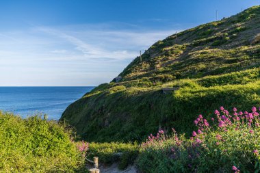 Celtic Sea Coast ve Porthcurno Beach 'teki uçurumlar, Cornwall, İngiltere, İngiltere