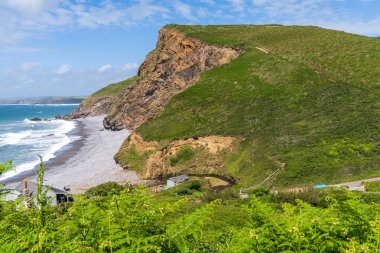 Millook Haven, Cornwall, İngiltere 'deki kayalıklar ve plaj.