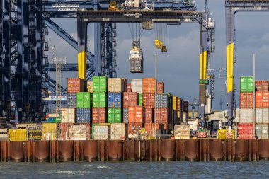 Felixstowe, Suffolk, İngiltere - 22 Kasım 2022: Felixstowe Limanı 'ndaki bir konteyner köprüsünün görüntüsü