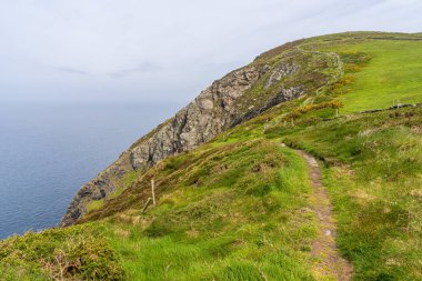 Bradda Head 'deki kayalıklar ve İrlanda Denizi kıyıları, Port Erin, Rushen, Man Adası