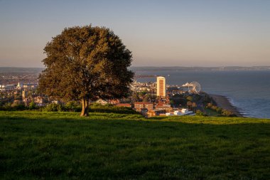 Beachy Head 'den Eastbourne' a akşam manzarası, Doğu Sussex, İngiltere, İngiltere