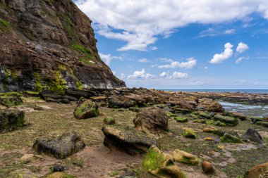 Kuzey Denizi kıyısında, Whitby, North Yorkshire, İngiltere 'deki Doğu Kayalıkları' nda gelgit alçak.