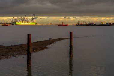 Shotley Kapısı, Suffolk, İngiltere - 22 Kasım 2022: Orwell Nehri üzerinden Felixstowe Limanı 'ndaki bir kargo gemisine bakın