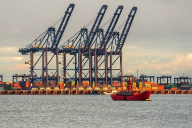 Shotley Gate, Suffolk, İngiltere - 22 Kasım 2022: Arka planda konteynırlar bulunan Felixstowe limanındaki konteyner köprüsünün görüntüsü