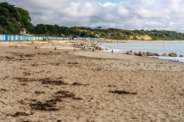 Mudeford, Dorset, İngiltere - 29 Eylül 2022: Sahil ve Avon Sahili Kulübeleri