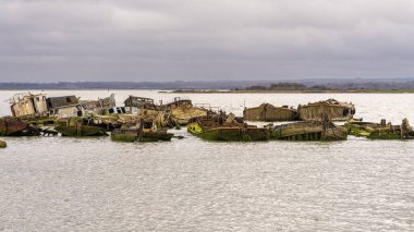 Hoo Marina Parkı, Kent, İngiltere - 21 Mart 2023 Medway Nehri kıyısında gemi enkazı