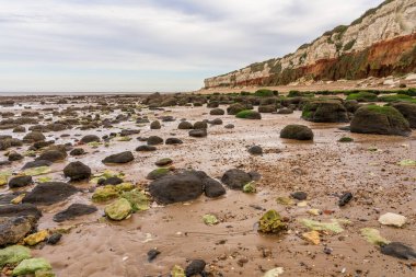 Hunstanton, Norfolk, İngiltere ve İngiltere 'deki kayalıklar ve plajlar.