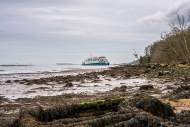 Fishbourne, Wight Adası, İngiltere - 16 Nisan 2023: Woodside Beach 'ten limana yaklaşan bir feribot