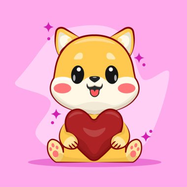 Lovely Cute Shiba Inu With Heart Shape Cartoon Vector Icon Illustration. Animal Nature Icon Concept Isolated Premium Vector. Flat Cartoon Style