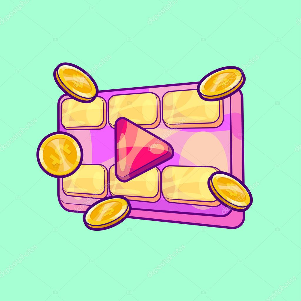 Play Button with Film and Falling Coins Vector. Streaming Earning Illustration