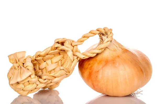 One Organic Juicy Unpeeled Onions Close White Background — Stock Photo, Image