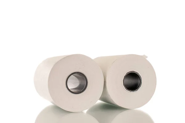 Két Tekercs Papír Pénztárgép Szalag Közelkép Elkülönítve Fehér — Stock Fotó
