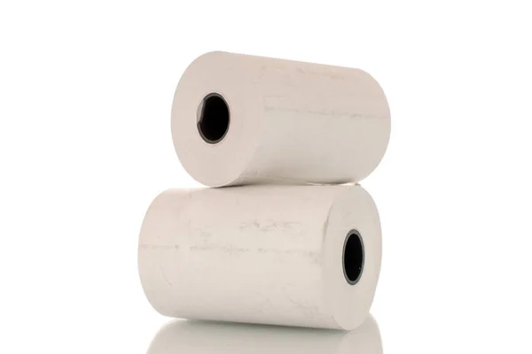 Két Tekercs Papír Pénztárgép Szalag Közelkép Elkülönítve Fehér — Stock Fotó