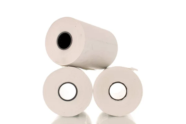 Három Tekercs Papír Pénztárgép Szalag Közelkép Elkülönítve Fehér — Stock Fotó