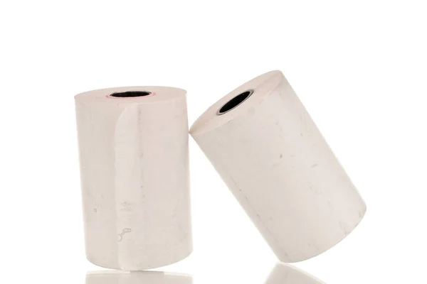 Два Рулона Бумажной Кассовой Ленты Крупным Планом Изолированные Белом — стоковое фото