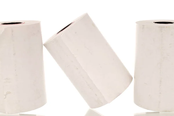 Три Рулона Бумажной Кассовой Ленты Крупным Планом Изолированные Белом — стоковое фото