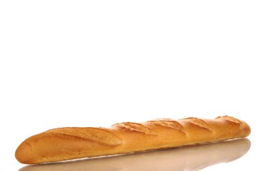 One fresh fragrant baguette, macro, isolated on white background.