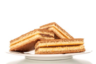 Three mini cocoa biscuits on a white ceramic saucer, macro, isolated on a white background.
