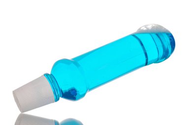 One bottle of mouthwash, macro, isolated on white background.