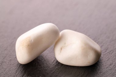 Two decorative stones for the garden on slate stone, macro.