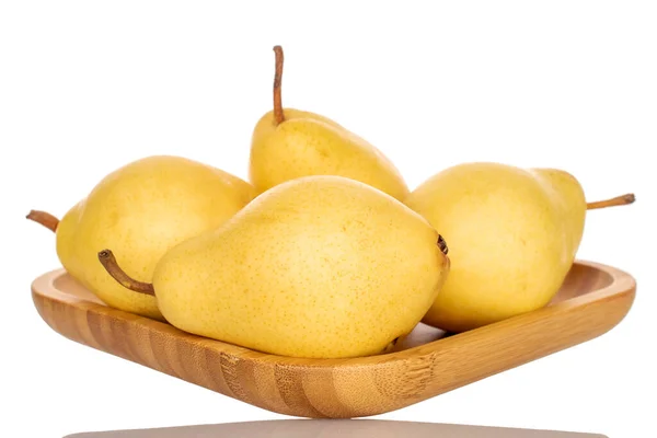 Several Organic Yellow Pears Bamboo Dish Close Isolated White — Fotografia de Stock