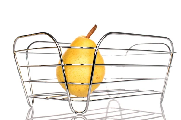 One Ripe Yellow Pear Basket Close Isolated White — Fotografia de Stock