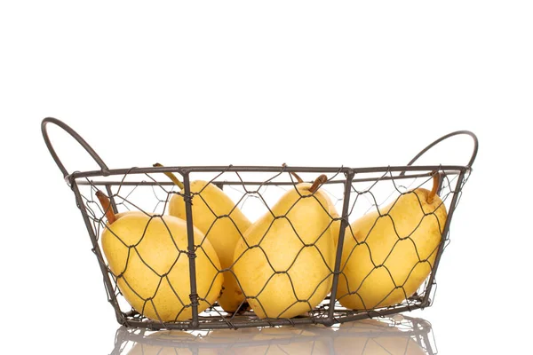 Several Organic Yellow Pears Basket Close Isolated White — Foto de Stock