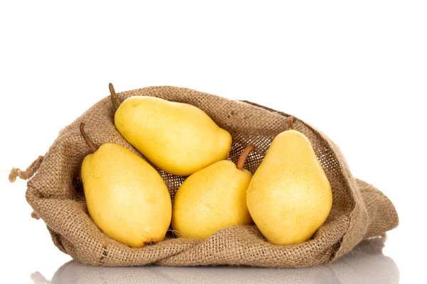 Several Organic Yellow Pears Jute Bag Close Isolated White — Stock Photo, Image
